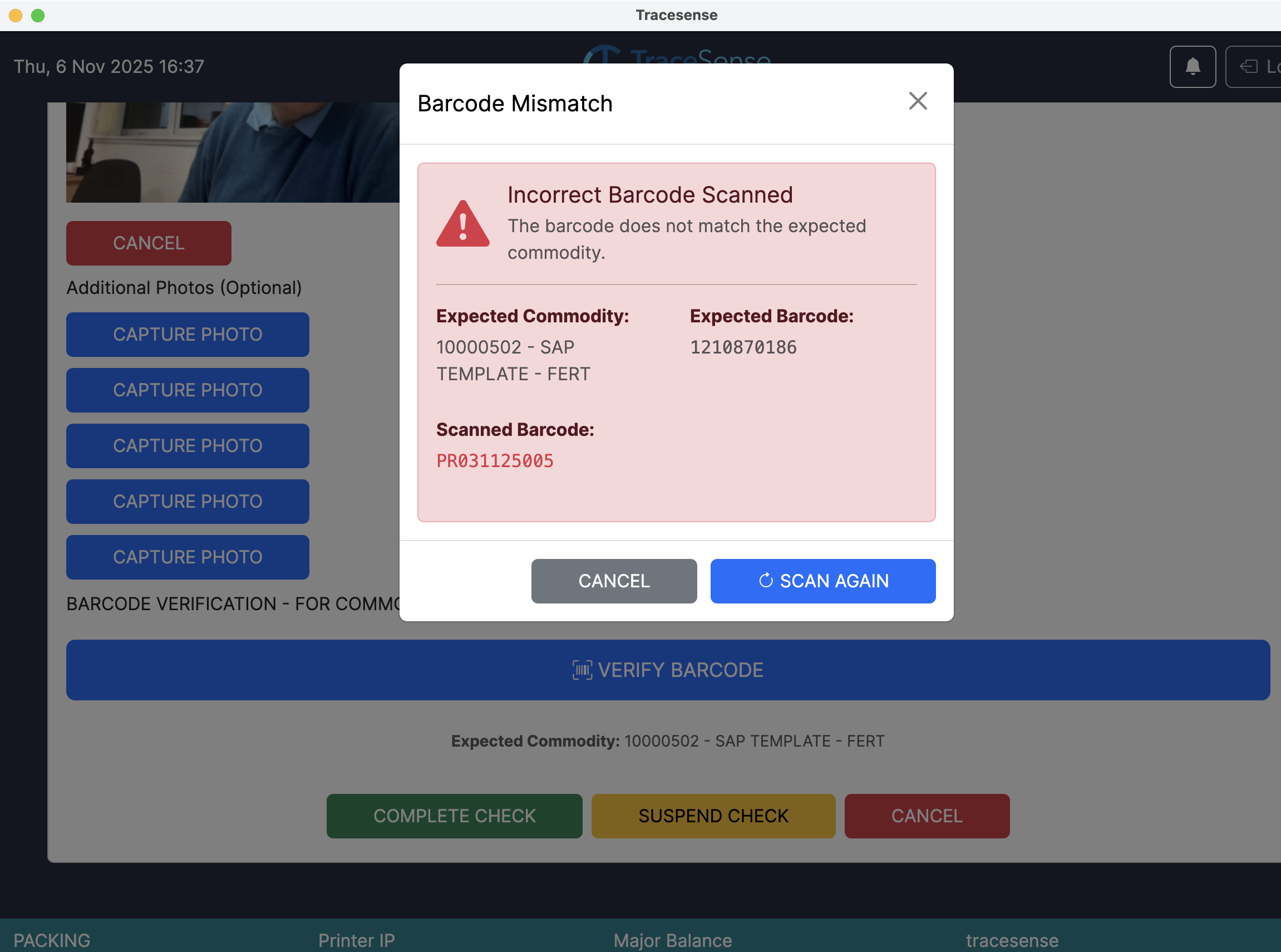 TraceSense barcode mismatch verification during a process check