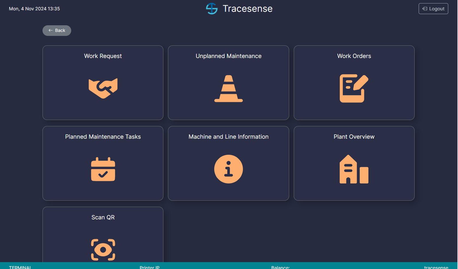 TraceSense shop-floor terminal menu for work orders and planned maintenance